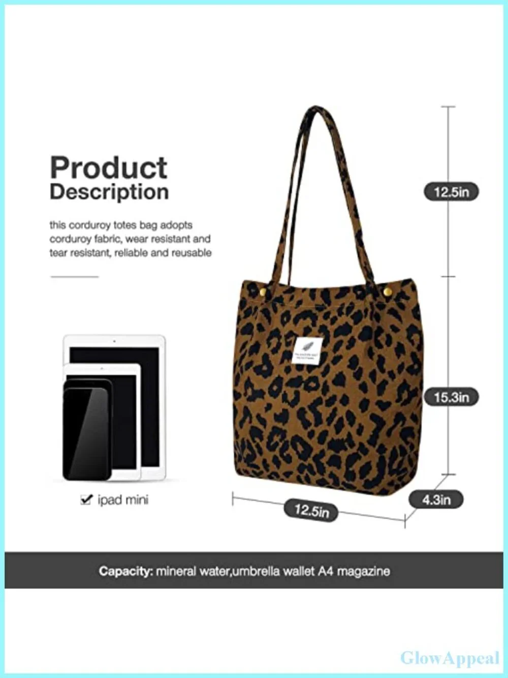 Women's Corduroy Tote Bag, Large Capacity Shoulder Purse with Inner Pockets